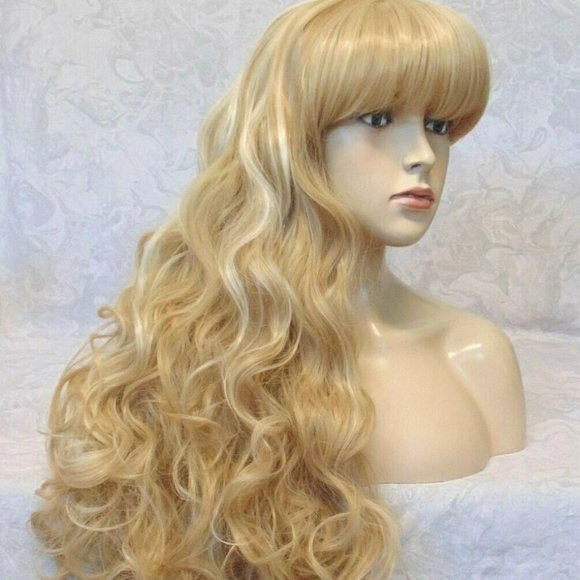 LONG Blonde Highlighted Curly Wig With Bangs